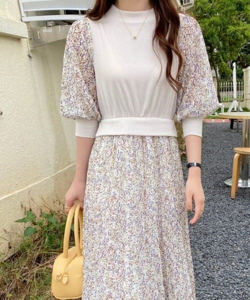 Al完売しました ワンピース フロントリブカットソードッキング 小花柄プリーツロングワンピース 格安激安