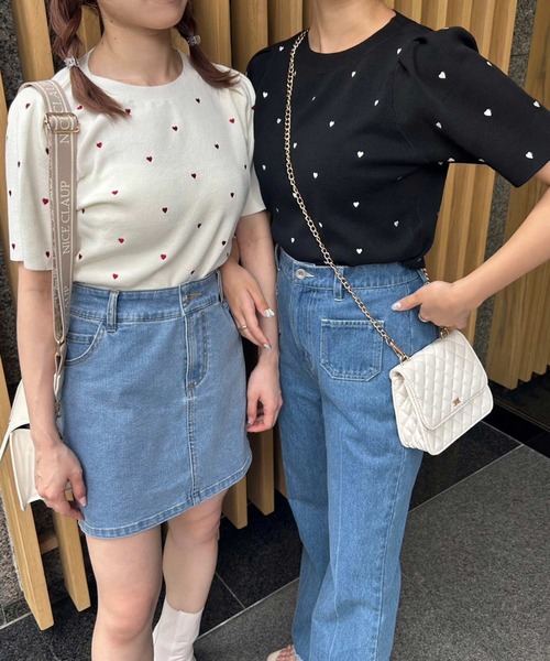 one after another NICE CLAUP ニット ハート刺繍パフスリーブニット