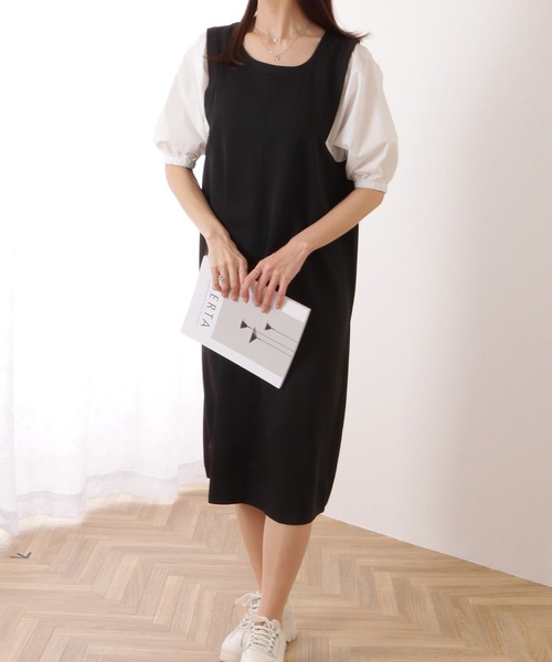 Lace Ladies ワンピース バルーン袖 異素材 ドッキング 5分袖