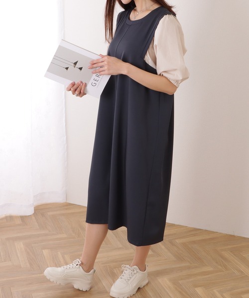 Lace Ladies ワンピース バルーン袖 異素材 ドッキング 5分袖