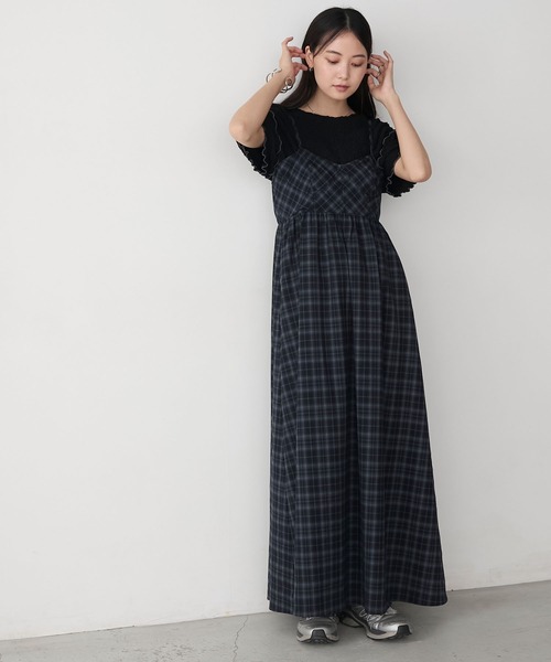 ロングワンピース チェック柄 ◇上品なチェック柄！バンドカラー ワンピース（マキシ・ロング