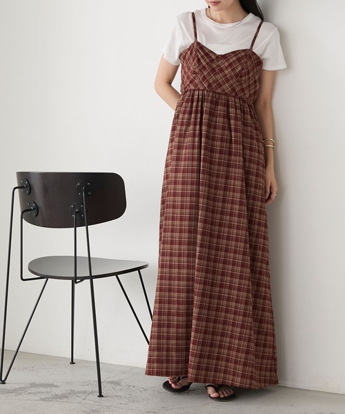 SinceThenチェック柄キャミワンピース ブラウス2点セット ロング gossip!ロサンゼルス ワンピース Y2K チェック柄スイッチング