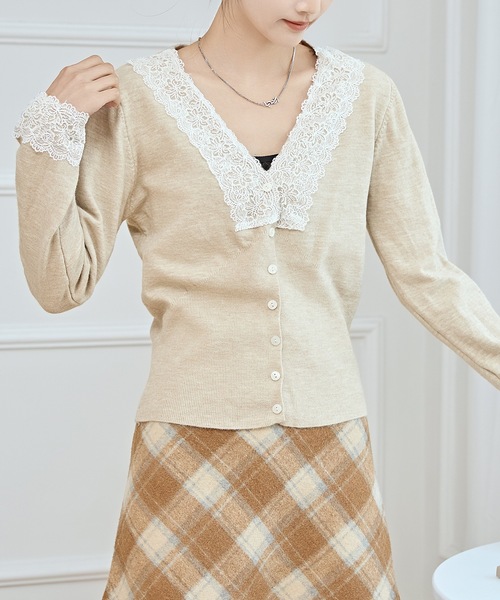 Lace Ladies（レースレディース） カーディガン Vネック 配色レース