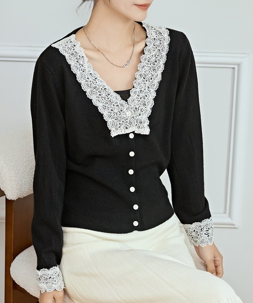 Lace Ladies（レースレディース） カーディガン Vネック 配色レース