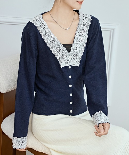 Lace Ladies（レースレディース） カーディガン Vネック 配色レース