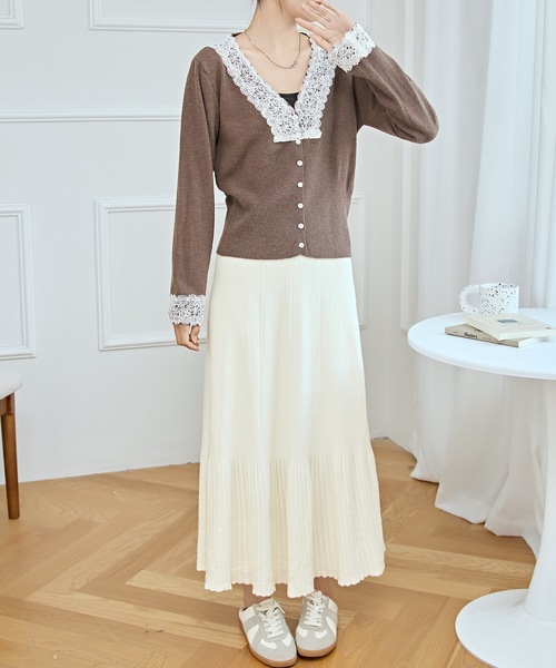 DAMA ニットセーター　レース Lace Ladies（レースレディース） カーディガン Vネック 配色レース