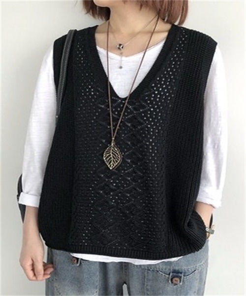 ベスト ジレ COTTON SURF　ベスト レディース FREE STYLISTS ベスト ジレ 透かし編みサマーニットベスト