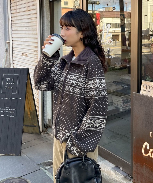 PAPAS パパス ノルディック柄ジップアップカーディガン ケーブル編ジャケット カーディガン ノルディック柄ジップニットカーデ レディース