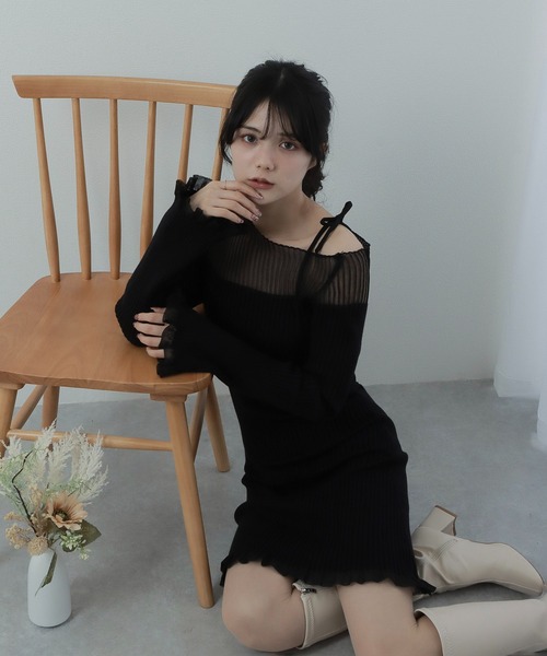 【PUI 】ribbon dress リボン ドレス ワンピース M DOLLY ワンピース sheer ribbon dress/シアーリボンドレス