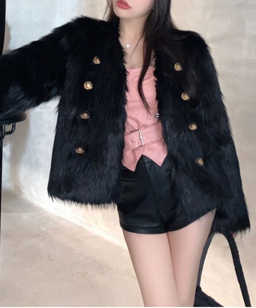 【中古】リアルファー 毛皮 コート ジャケット ブルゾン レザーパイピング スタンドカラー 紺 ネイビー レディース gossip!ロサンゼルス ノーカラーコート コート フェミニンファー