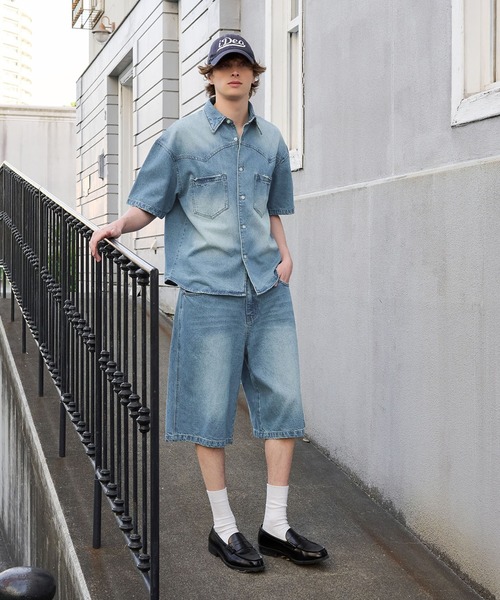 ハーフデニム セール】ZIPワイドハーフデニムパンツ（デニムパンツ