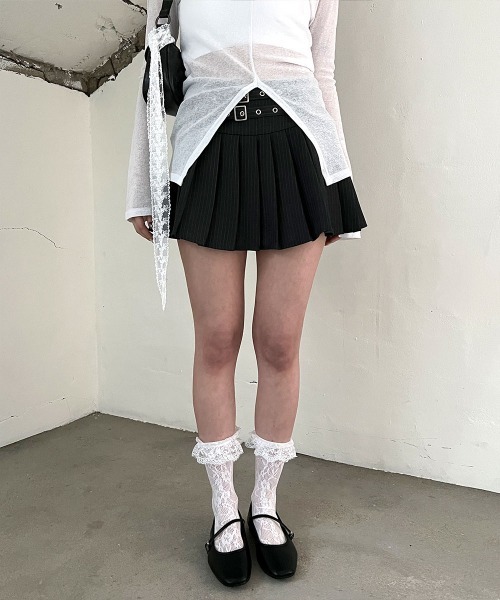 【新品タグ付】PEARLY GATES♡プリーツミニスカート インナーパンツ付 4INT. スカート 「ギークシック / インナーパンツ付き」 ダブルベルト