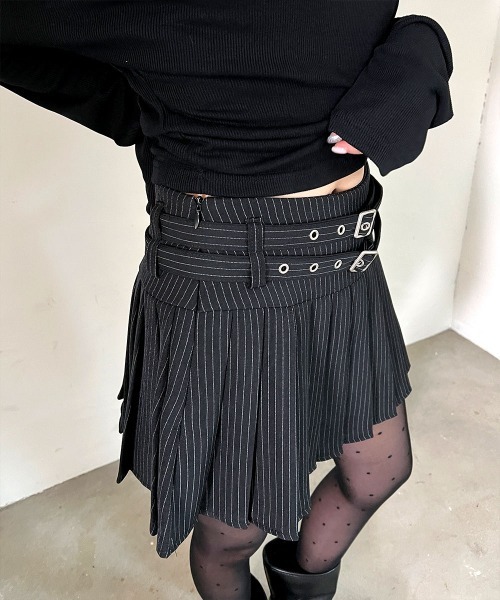 【新品タグ付】PEARLY GATES♡プリーツミニスカート インナーパンツ付 4INT. スカート 「ギークシック / インナーパンツ付き」 ダブルベルト
