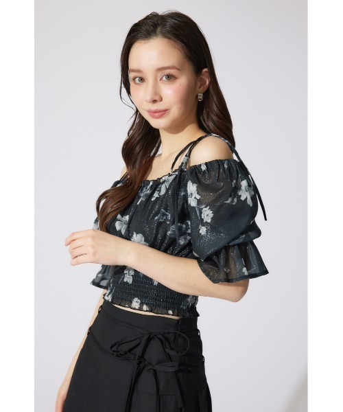 タグ付✨2023 Rene リボンデザインブラウス パフスリーブ 36 黒シアー タグ付✨2023 Rene リボンデザインブラウス パフスリーブ 36 黒