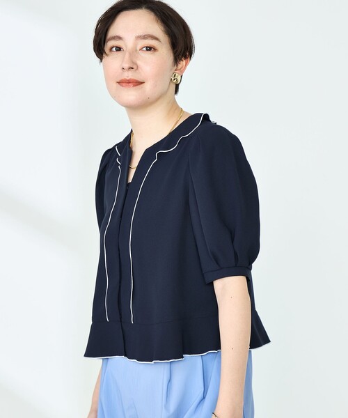 【新品】ノーカラーフリルシャツ　ネイビー　20aw 新品】ノーカラーフリルシャツ ネイビー 20aw