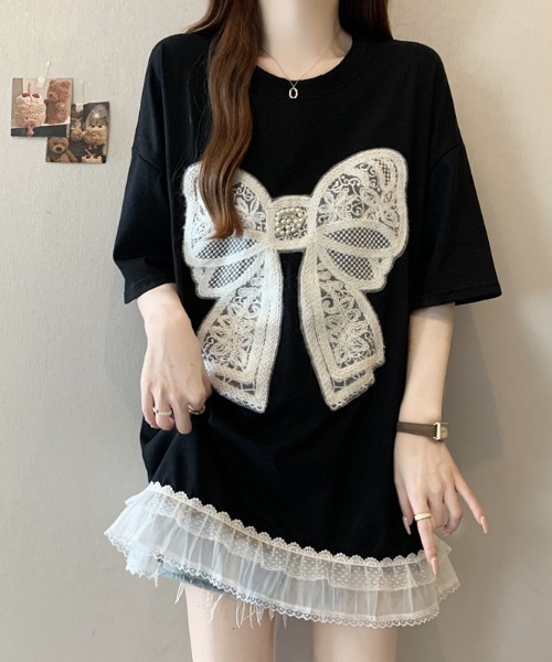 tシャツ 裾レース リボン刺繍 Tシャツ レディース : ZOZOTOWN