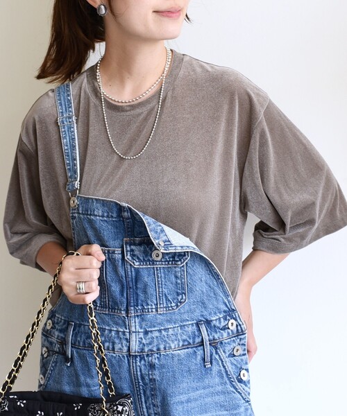 tシャツ 「手洗い可能」シアー トリコット ポリエステル ベロア 五分袖 ワイド TEE レディース