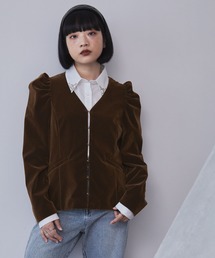 ELUNIS ジャケット ノーカラージャケット パフスリーブベロア