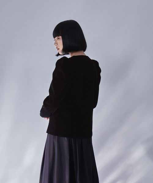 ELUNIS ジャケット ノーカラージャケット パフスリーブベロア