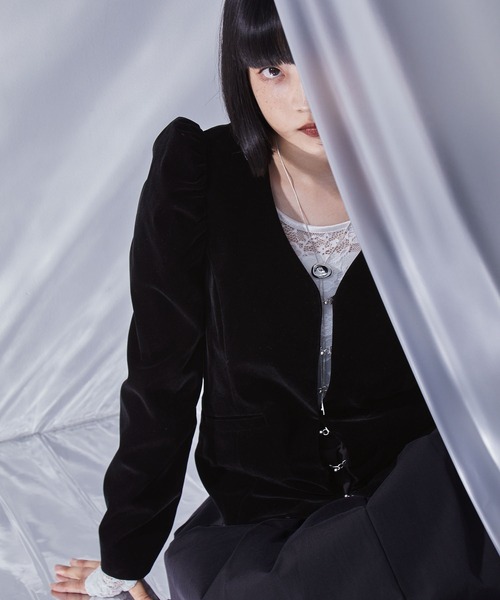 ELUNIS ジャケット ノーカラージャケット パフスリーブベロア