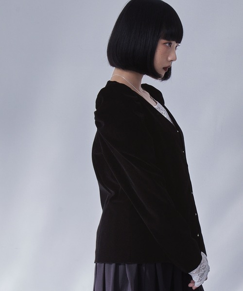 ELUNIS ジャケット ノーカラージャケット パフスリーブベロア