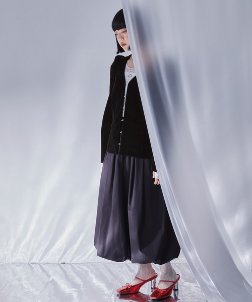 ELUNIS ジャケット ノーカラージャケット パフスリーブベロア