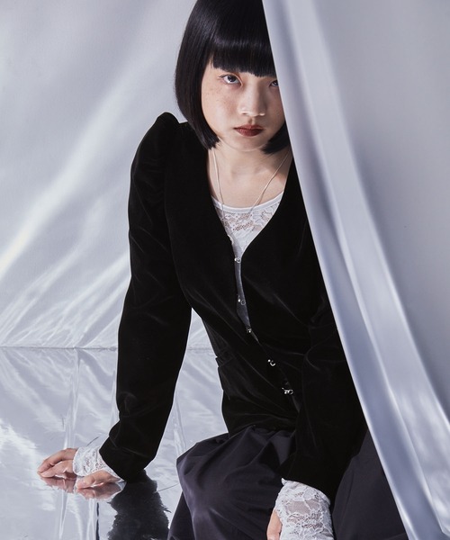 ELUNIS ジャケット ノーカラージャケット パフスリーブベロア