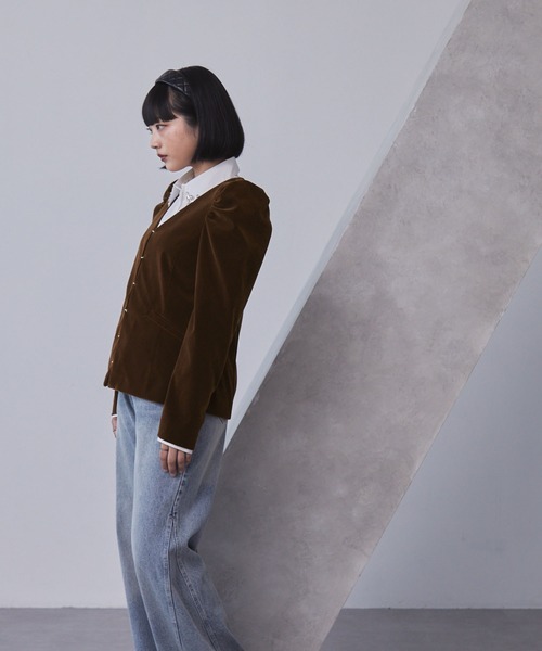 ELUNIS ジャケット ノーカラージャケット パフスリーブベロア
