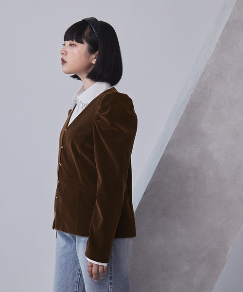 ELUNIS ジャケット ノーカラージャケット パフスリーブベロア
