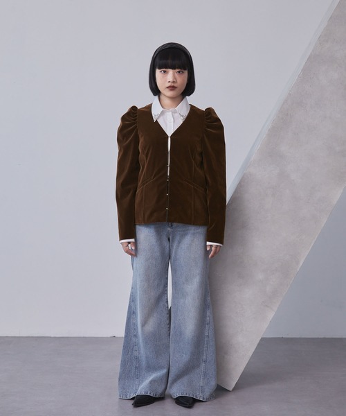ELUNIS ジャケット ノーカラージャケット パフスリーブベロア