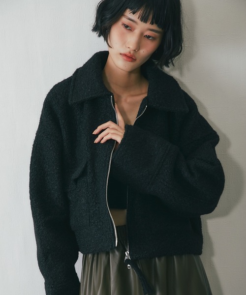 ブルゾン アウター ループツイードダブルファスナーショートジャケット