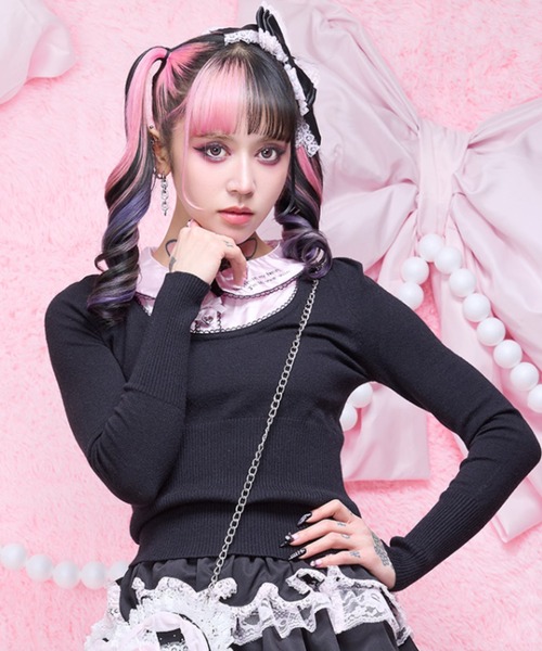 AVENCHUMU ニット セーター Satin blouse ribbon jewele knit tops
