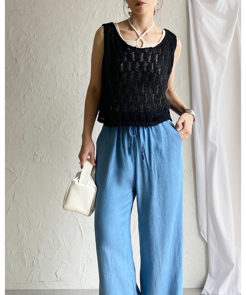 She's Closet ベスト ジレ ショート丈 深Uネック 透かし編み メッシュ