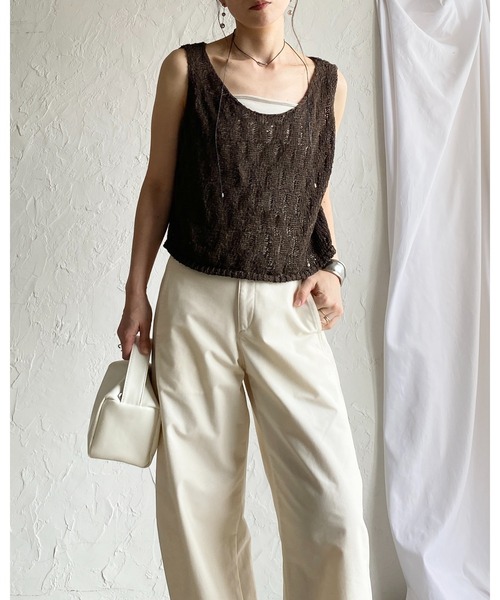 She's Closet ベスト ジレ ショート丈 深Uネック 透かし編み メッシュ