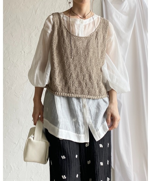 She's Closet ベスト ジレ ショート丈 深Uネック 透かし編み メッシュ