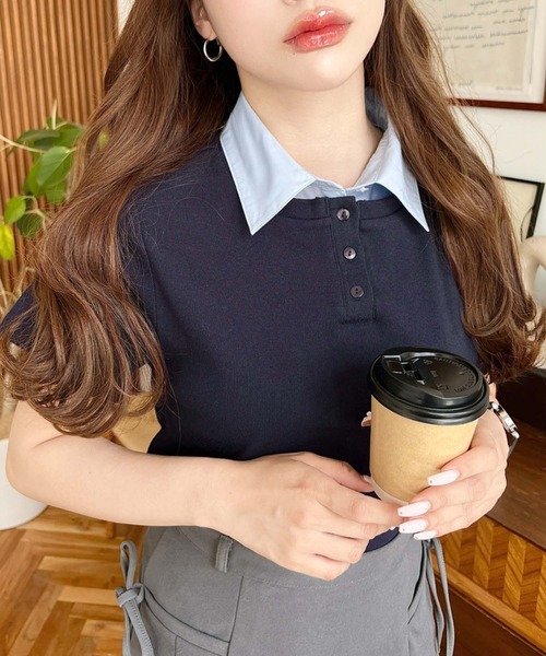 「moment+」 半袖ポロシャツ L ネイビー レディース_画像3
