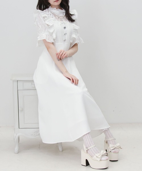 DearMyLove ワンピース 夏 半袖 レースアップフリルパールネックレス