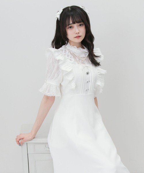 DearMyLove ワンピース 夏 半袖 レースアップフリルパールネックレス