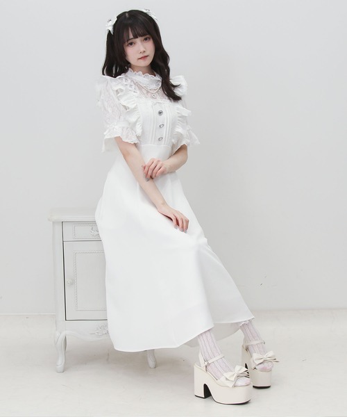 【naaaaa】【Mimisol ミミソル】 ワンピース ドレスヘアバンド DearMyLove ワンピース 夏 半袖 レースアップフリルパールネックレス