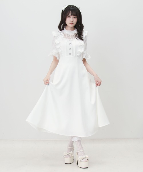 DearMyLove ワンピース 夏 半袖 レースアップフリルパールネックレス