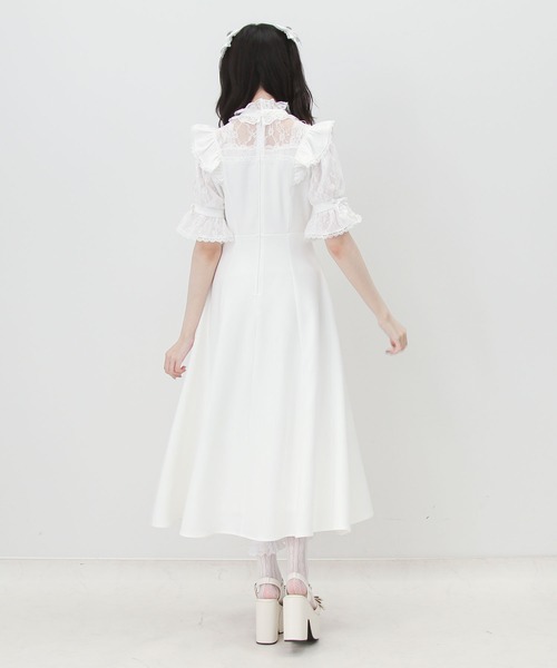 DearMyLove ワンピース 夏 半袖 レースアップフリルパールネックレス