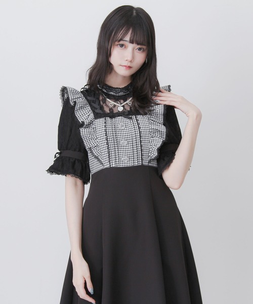 DearMyLove ワンピース 夏 半袖 レースアップフリルパールネックレス