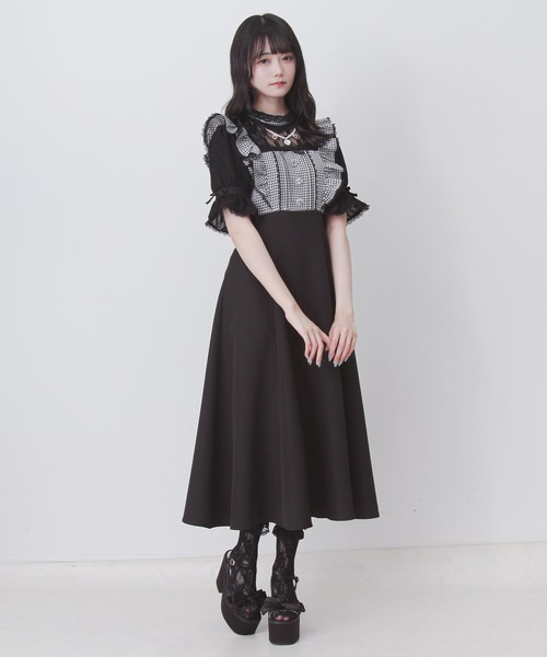 DearMyLove ワンピース 夏 半袖 レースアップフリルパールネックレス