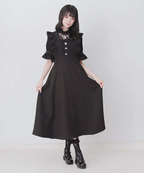 美品✨エンフォルド ロングワンピース キャミソール ツイル プリーツ フリル 黒 DearMyLove ワンピース 夏 半袖 レースアップフリルパールネックレス