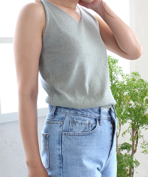 MODE ROBE タンクトップ ノースリーブ Vネックリネンタンク