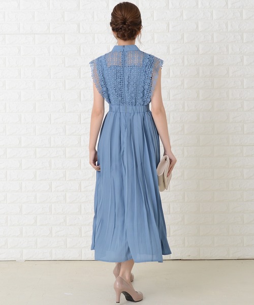 ノースリーブプリーツデザインワンピースエレガント Lace Ladies ドレス ノースリーブプリーツデザインワンピース