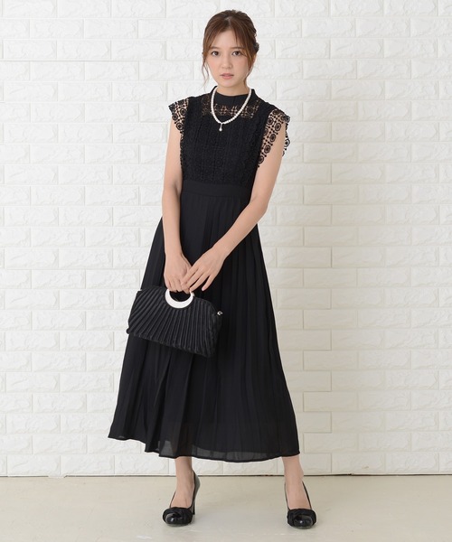 Lace Ladies ドレス ノースリーブプリーツデザインワンピース