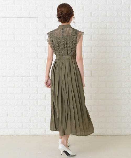 Lace Ladies ドレス ノースリーブプリーツデザインワンピース