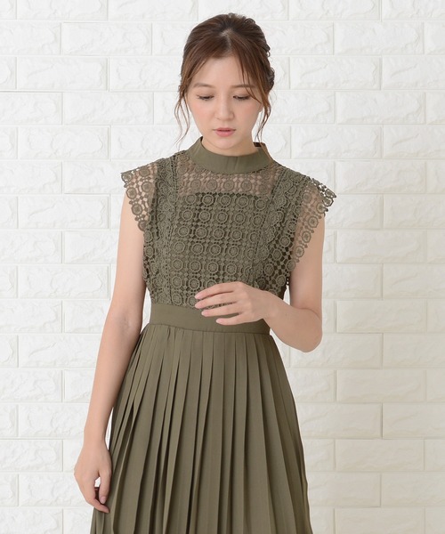 Lace Ladies ドレス ノースリーブプリーツデザインワンピース