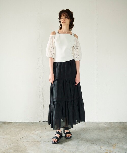 tシャツ 刺繍パフスリーブニットトップ レディース